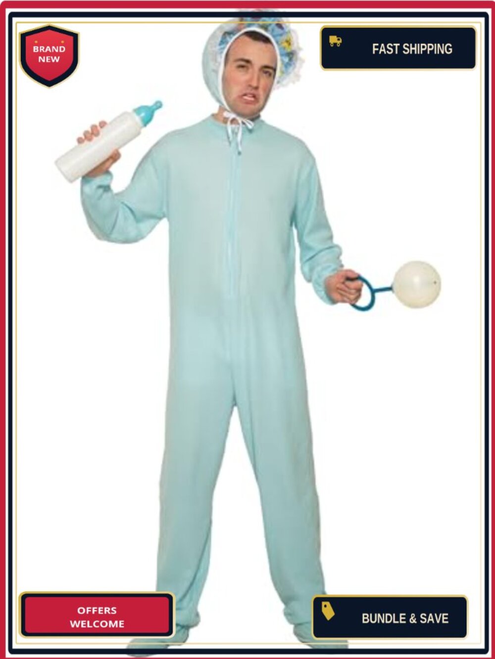 Men's Blue Jammies Costume Zip-Up Pajamas and Bonnet Set Halloween Cosplay
